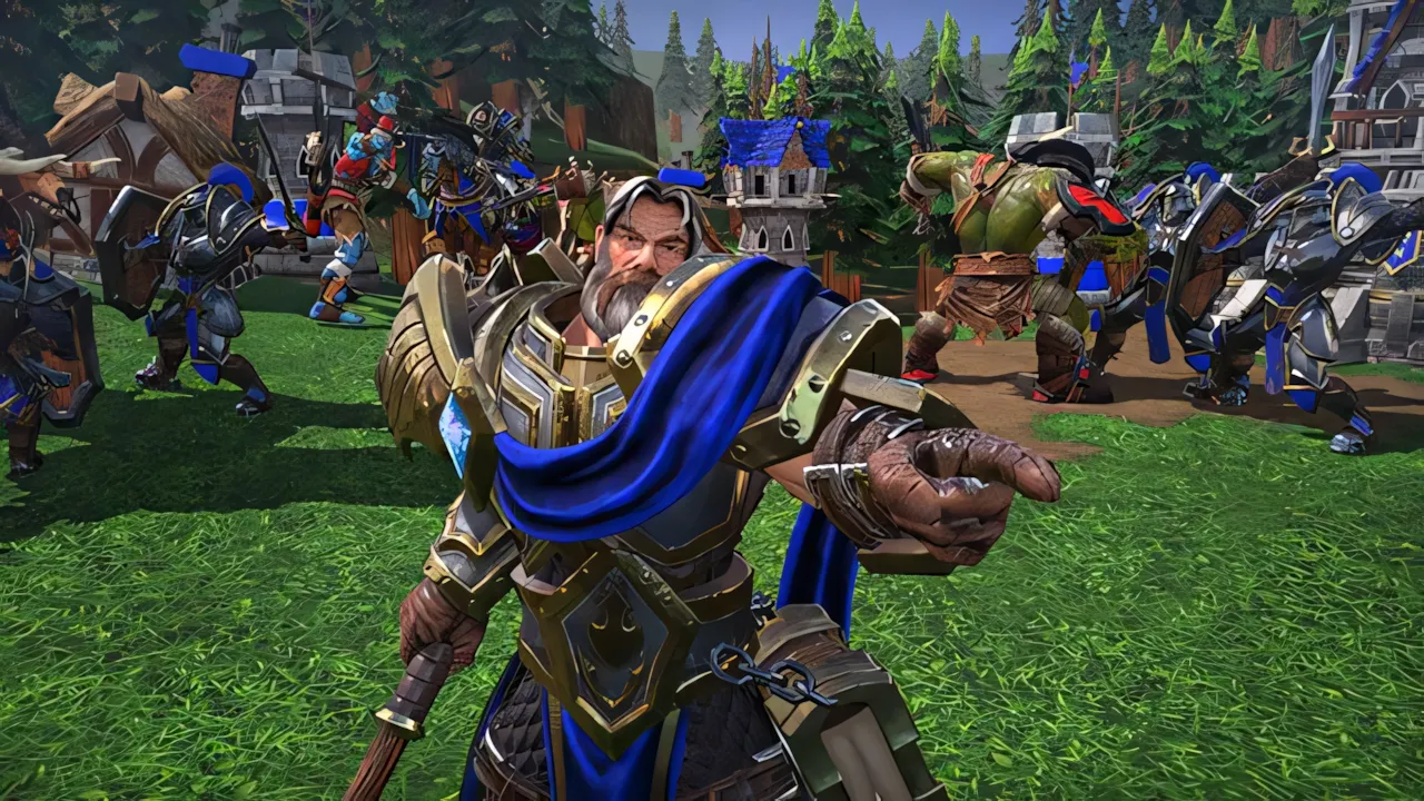 Cảnh gameplay trong Warcraft III: Reforged với các nhân vật và kiến trúc đặc trưng