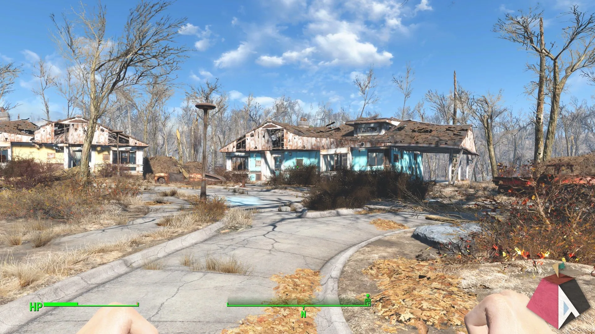 Cảnh hoang tàn và đổ nát của một thành phố trong game Fallout 4