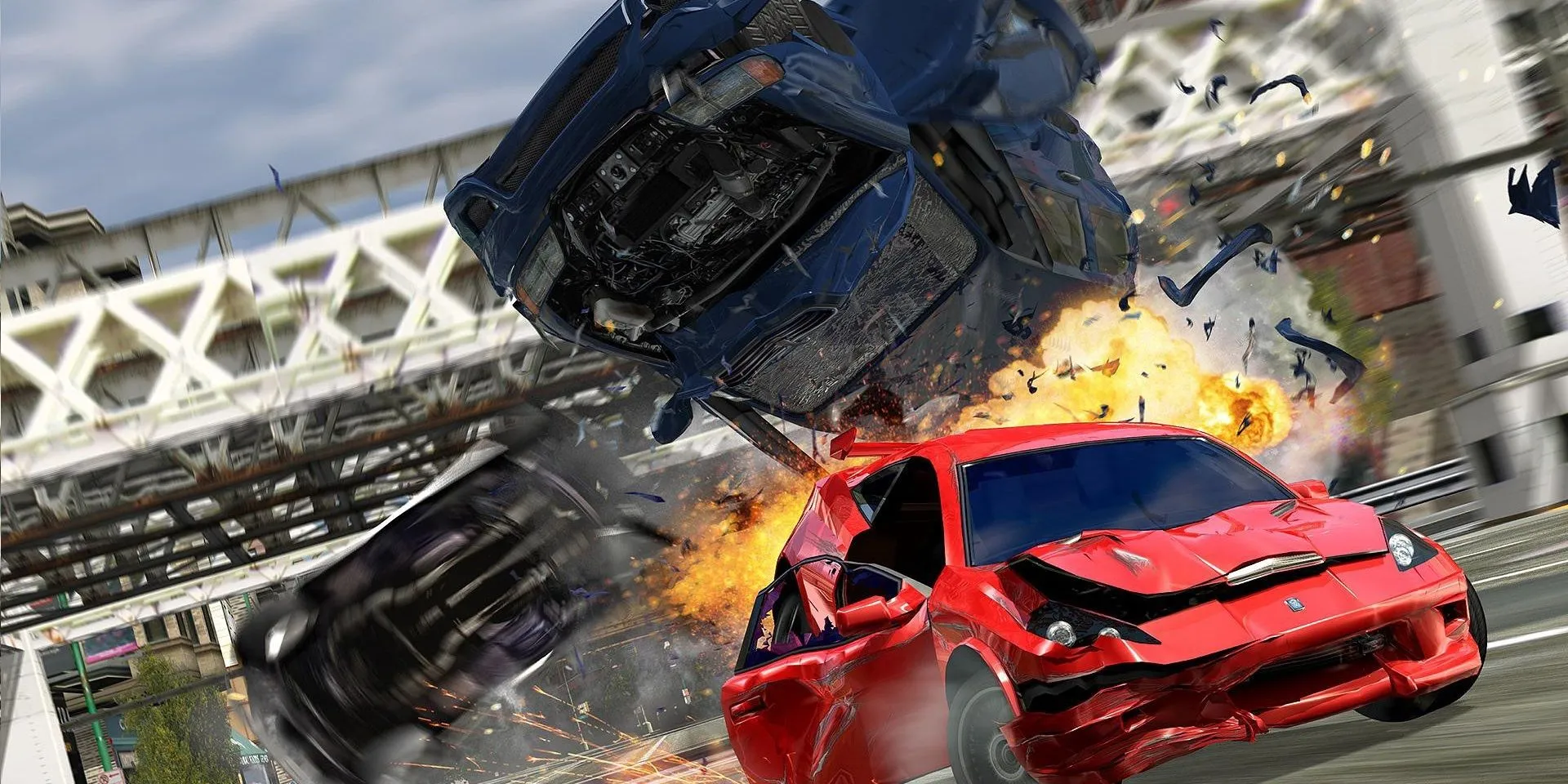 Cảnh va chạm dữ dội và mảnh vỡ bay tung tóe trong Burnout 3: Takedown, nhấn mạnh tính hủy diệt của trò chơi.
