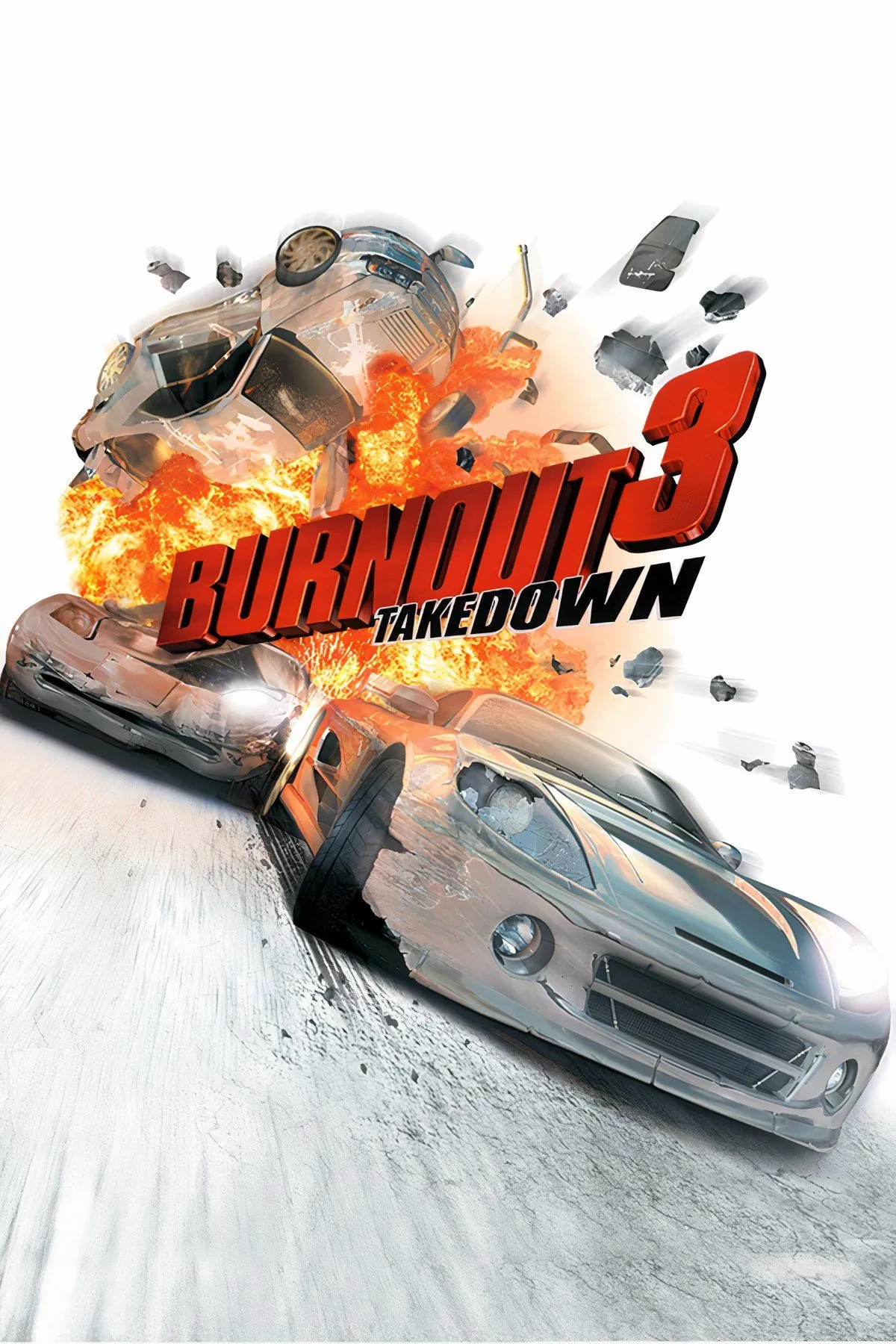 Cảnh va chạm nổ tung và hiệu ứng Takedown mãn nhãn trong Burnout 3, đặc trưng của thể loại đua xe arcade đầy bạo lực.
