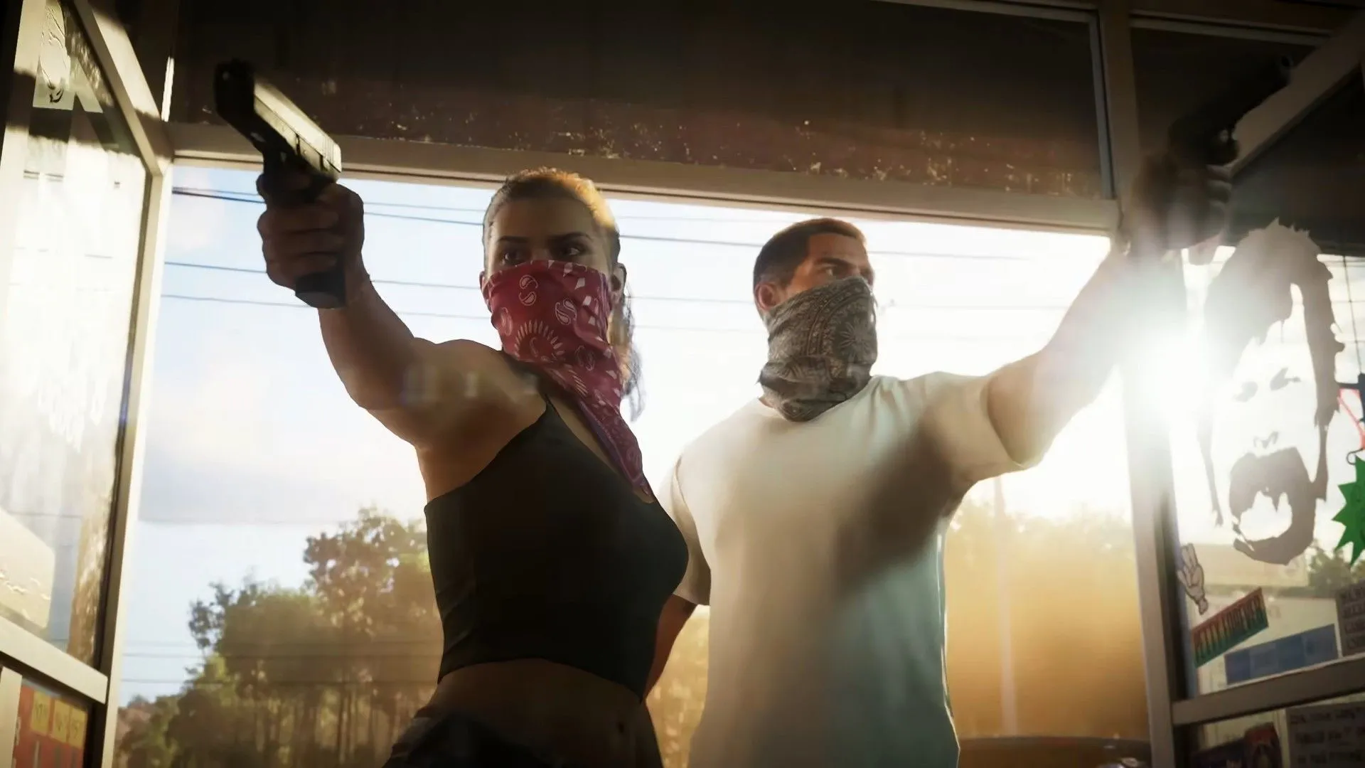 Cặp đôi Lucia và Jason trong cảnh hành động tại trạm xăng, vũ trang đầy đủ trong Grand Theft Auto VI.