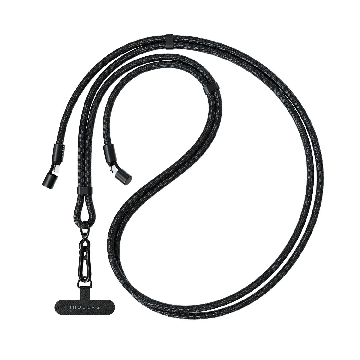 Cáp Lanyard USB-C Satechi OntheGo màu đen trên nền trắng, minh họa dây đeo tích hợp cáp sạc tiện dụng