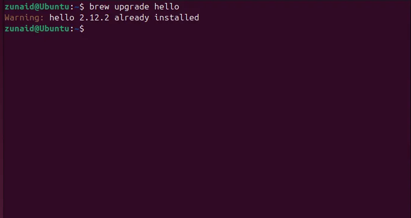 Cập nhật gói &quot;hello&quot; đã cài đặt thông qua lệnh brew upgrade của Homebrew trên Linux.
