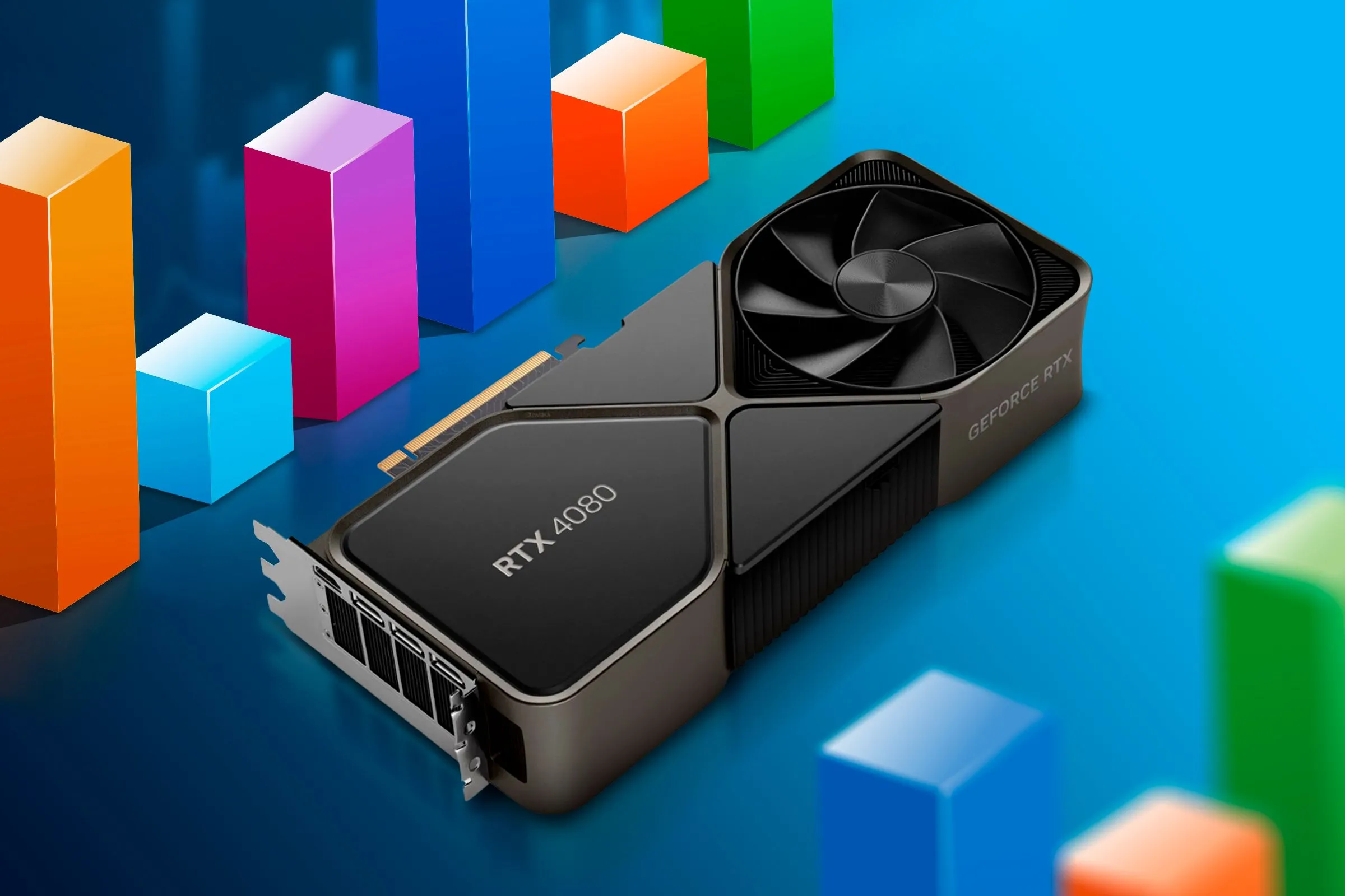 Card đồ họa GPU với các biểu đồ hiệu suất và nhiệt độ