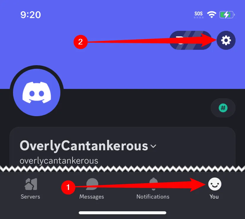 Chọn biểu tượng 'Bạn' và Cài đặt trong ứng dụng Discord trên điện thoại
