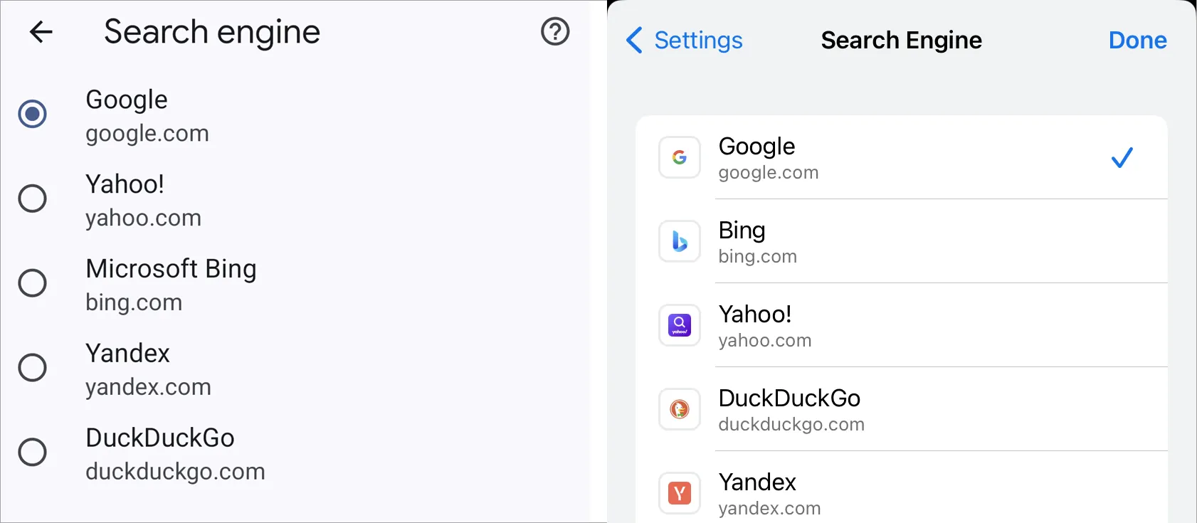 Chọn công cụ tìm kiếm trên Chrome cho Android và iPhone.