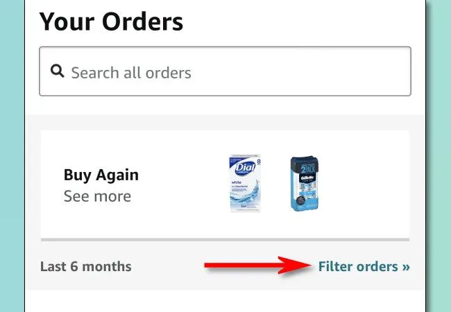 Chọn tính năng &quot;Lọc đơn hàng&quot; (Filter Orders) trong ứng dụng Amazon để tùy chỉnh hiển thị lịch sử mua sắm.