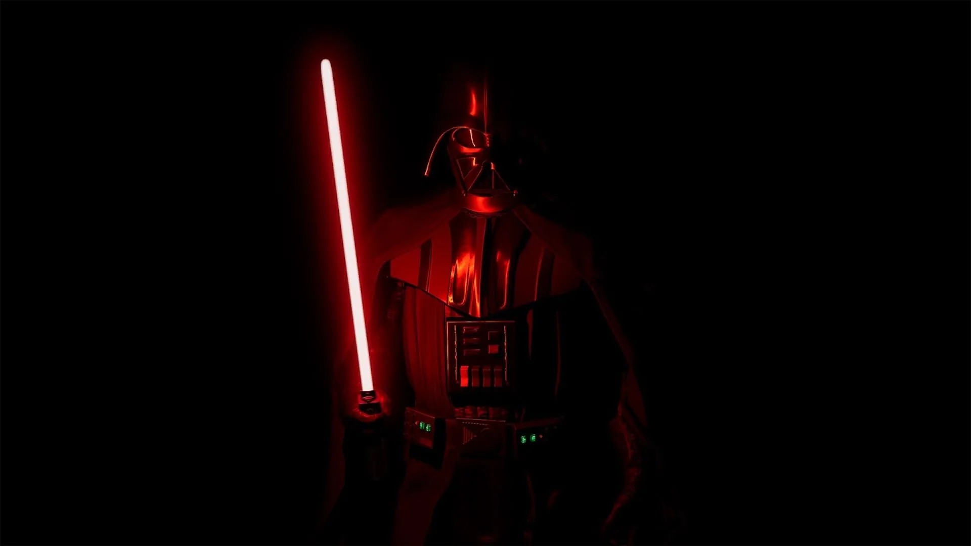 Chúa tể Darth Vader hùng dũng với thanh lightsaber đỏ rực trong bóng tối của game thực tế ảo Vader Immortal