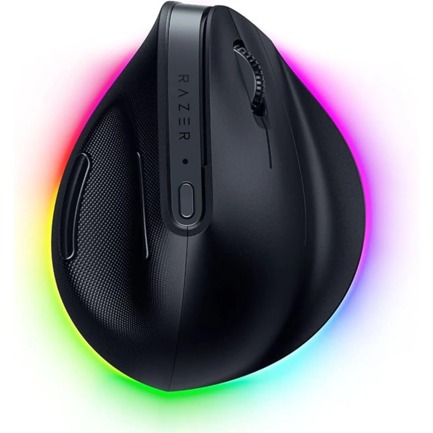 Chuột dọc Razer Pro Click V2 Vertical Edition màu đen trên nền trắng, thể hiện thiết kế công thái học và góc nghiêng tối ưu