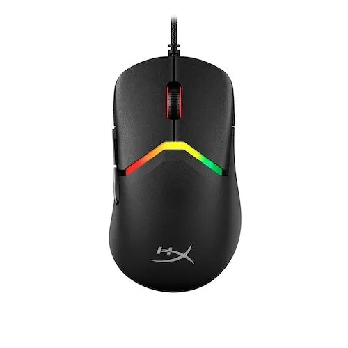 Chuột gaming HyperX Pulsefire Saga với thiết kế gọn nhẹ và logo HyperX nổi bật.