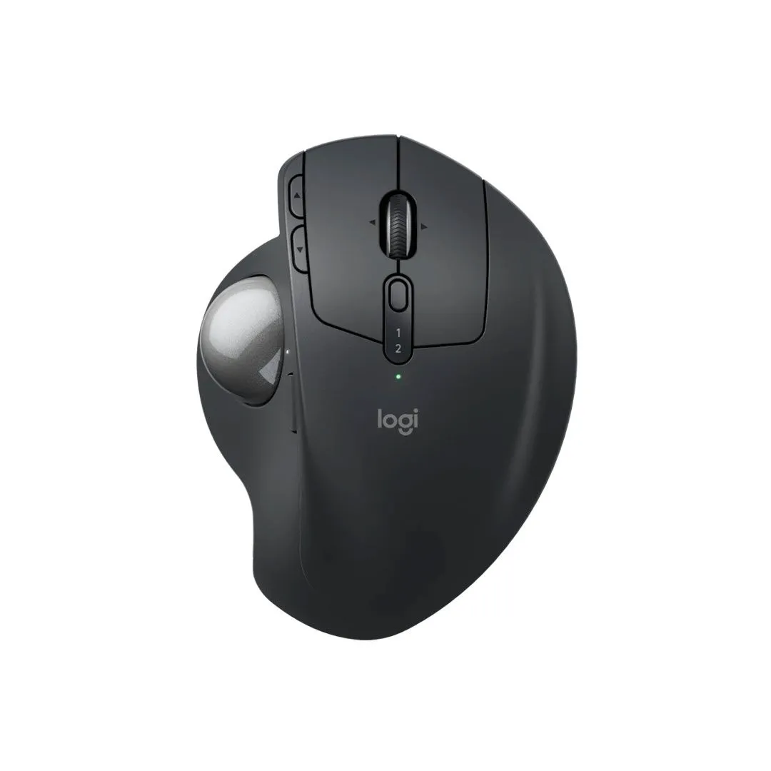 Chuột trackball Logitech MX Ergo S màu đen đặt trên nền trắng, nổi bật với thiết kế công thái học và bi điều khiển ngón cái tiện lợi
