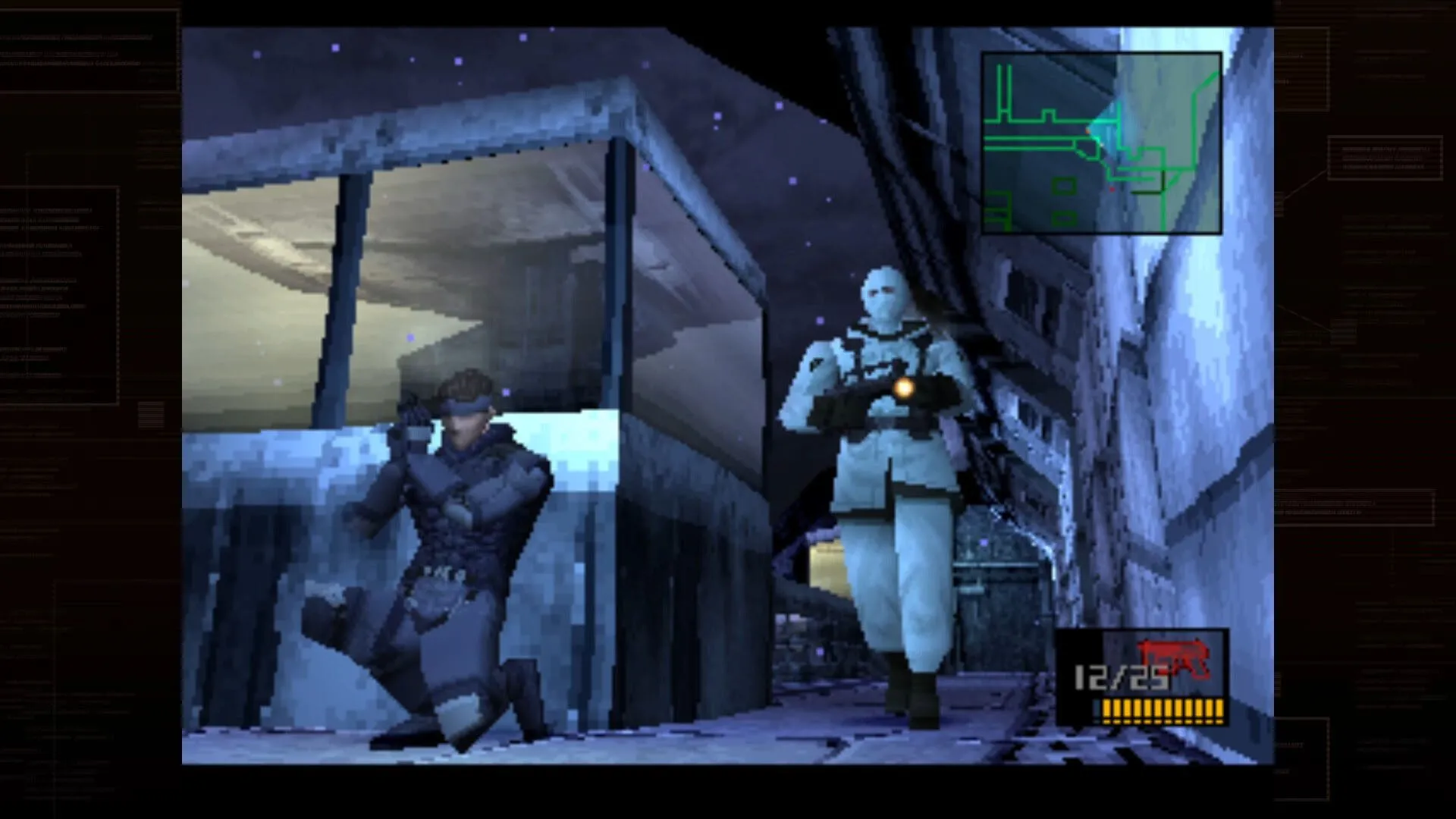 Chụp màn hình game Metal Gear Solid cổ điển với nhân vật Snake trong môi trường 3D đơn giản