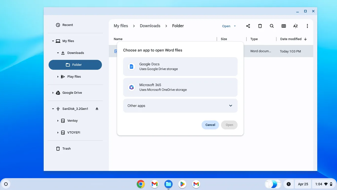 Cửa sổ bật lên hỏi để mở tệp Word trong Google Docs hoặc Microsoft 365