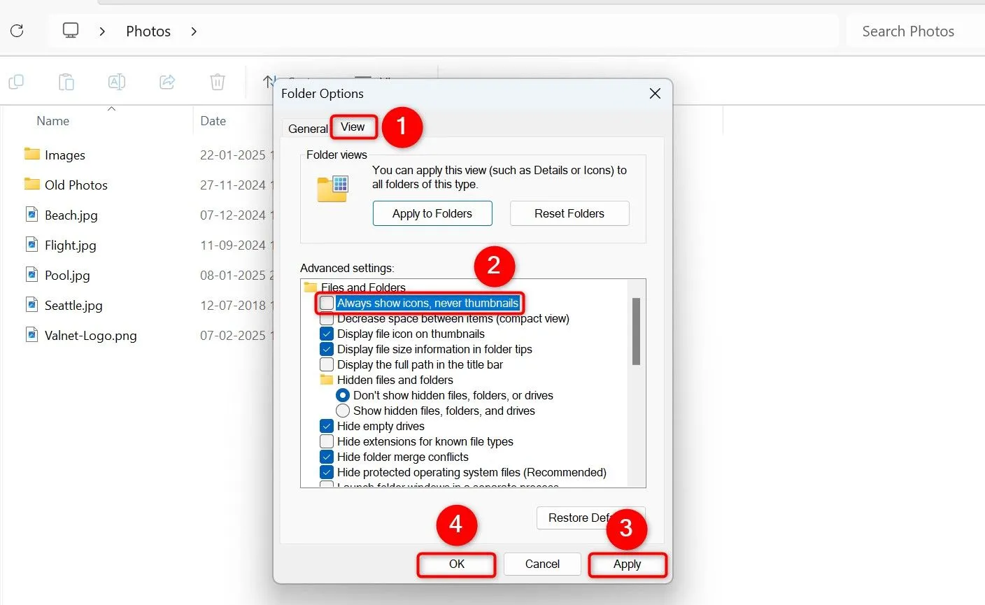 Cửa sổ Tùy chọn Thư mục (Folder Options) với cài đặt &quot;Luôn hiển thị biểu tượng, không hiển thị hình thu nhỏ&quot; đã được bỏ chọn.