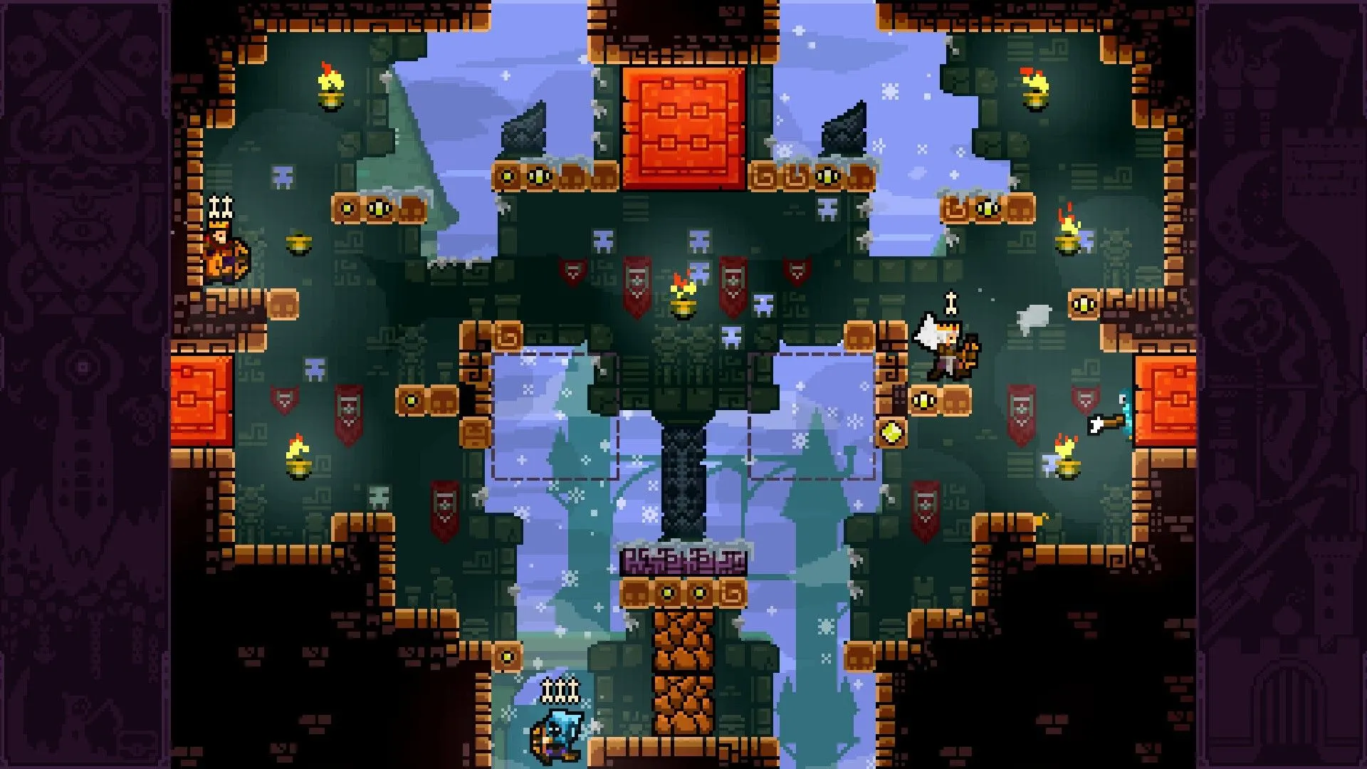 Cung thủ của người chơi rơi khỏi bản đồ trong TowerFall: Ascension, thể hiện lối chơi platformer nhanh của game.