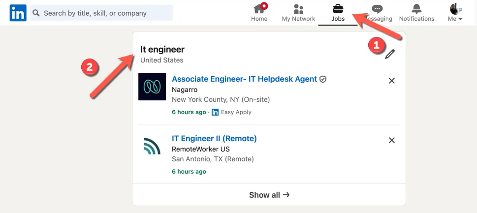 Danh sách các cảnh báo việc làm đã lưu trong mục &quot;Việc làm&quot; trên LinkedIn, giúp theo dõi các cơ hội phù hợp
