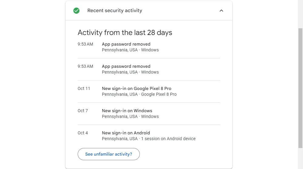 Danh sách các hoạt động bảo mật gần đây trên tài khoản Google