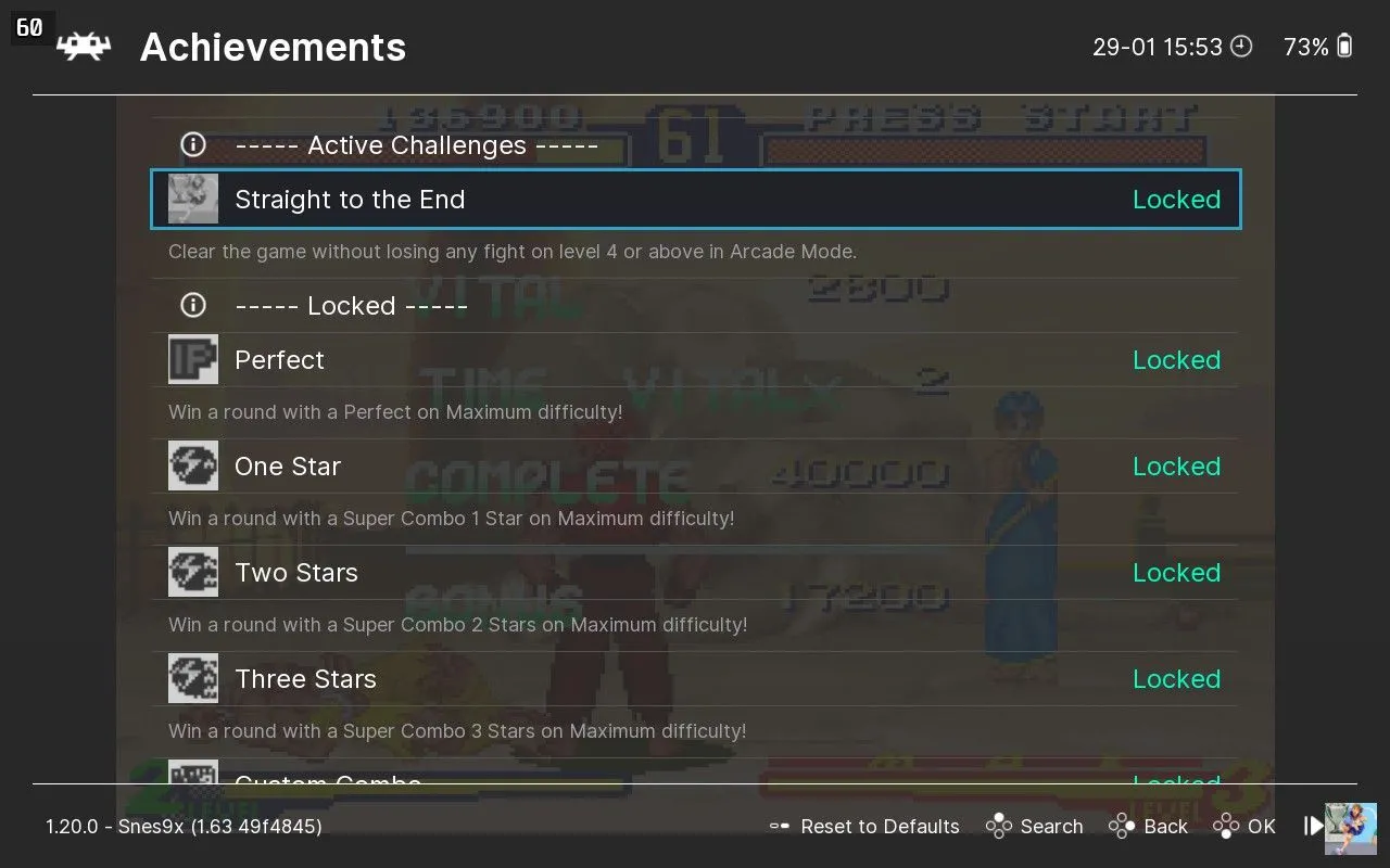 Danh sách thành tích của RetroAchievements hiển thị trong menu nhanh của RetroArch khi chơi game.