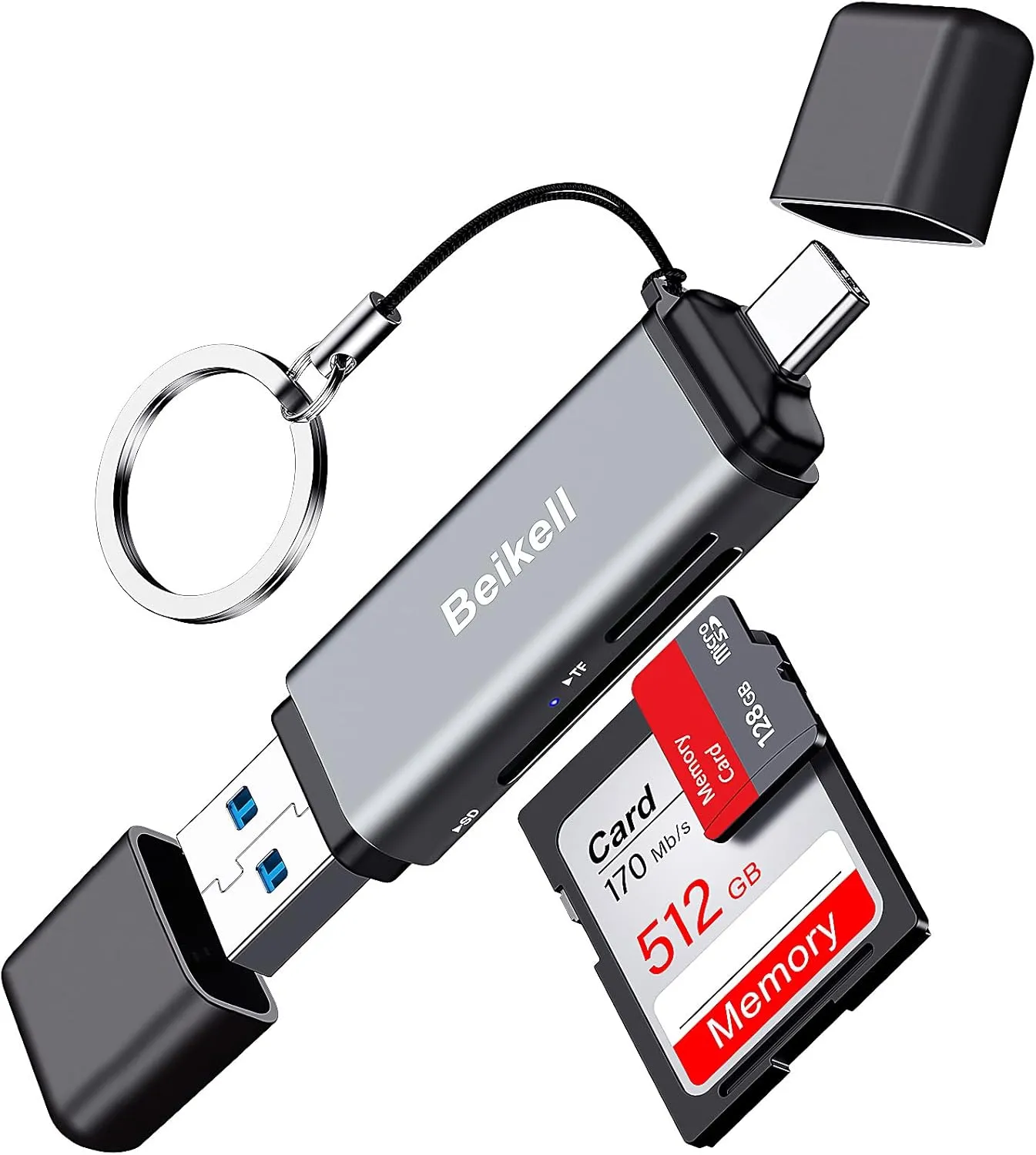Đầu đọc thẻ Beikell nhỏ gọn gắn móc khóa, tiện lợi cho việc di chuyển và truyền dữ liệu.