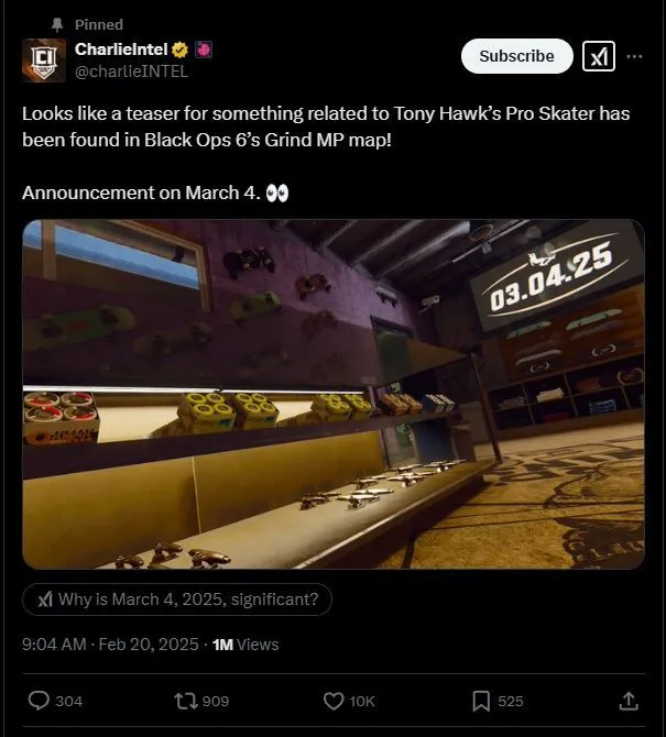 Dấu hiệu game Tony Hawk mới trên màn hình trong Call of Duty Black Ops 6 qua bài đăng của CharlieIntel trên X