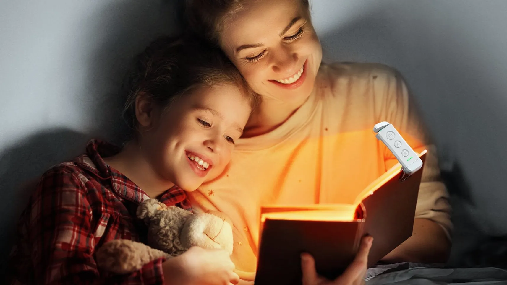 Đèn đọc sách Glocusent kẹp vào sách, với cổ xoay linh hoạt và 3 chế độ màu ánh sáng.