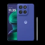 Điện thoại Motorola Moto G Stylus (2025) màu xanh, hiển thị màn hình chính.