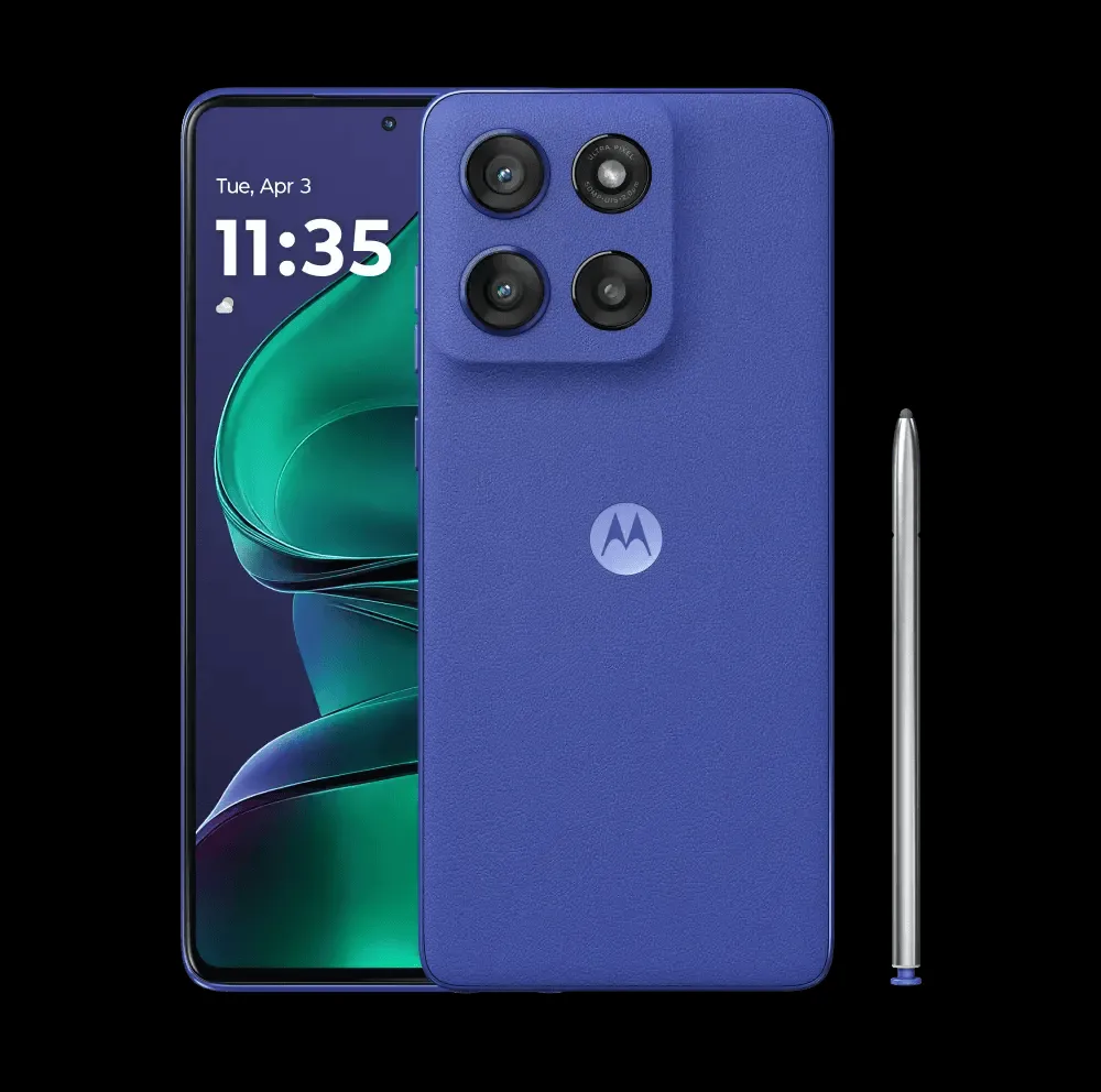 Điện thoại Motorola Moto G Stylus (2025) màu xanh, hiển thị màn hình chính.