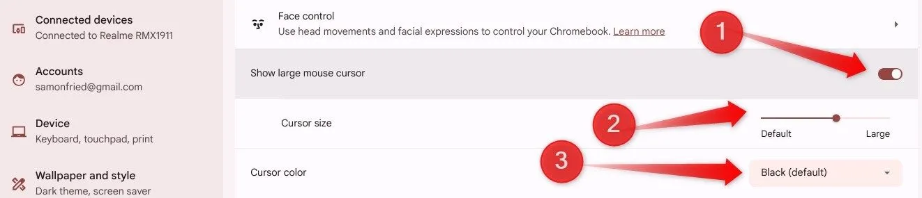 Điều chỉnh kích thước và màu sắc con trỏ chuột trên Chromebook thông qua cài đặt trợ năng.
