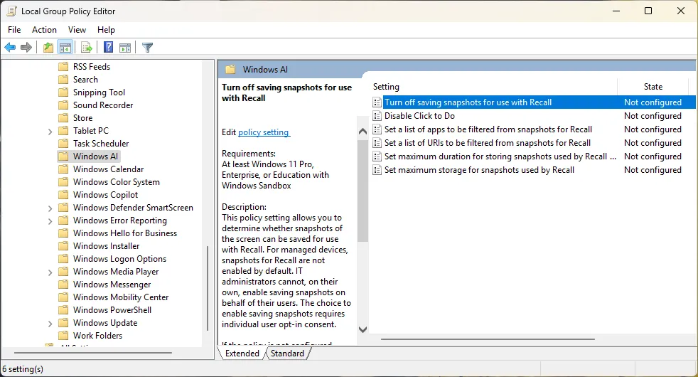 Điều hướng đến cài đặt Windows AI trong Local Group Policy Editor để tắt Recall