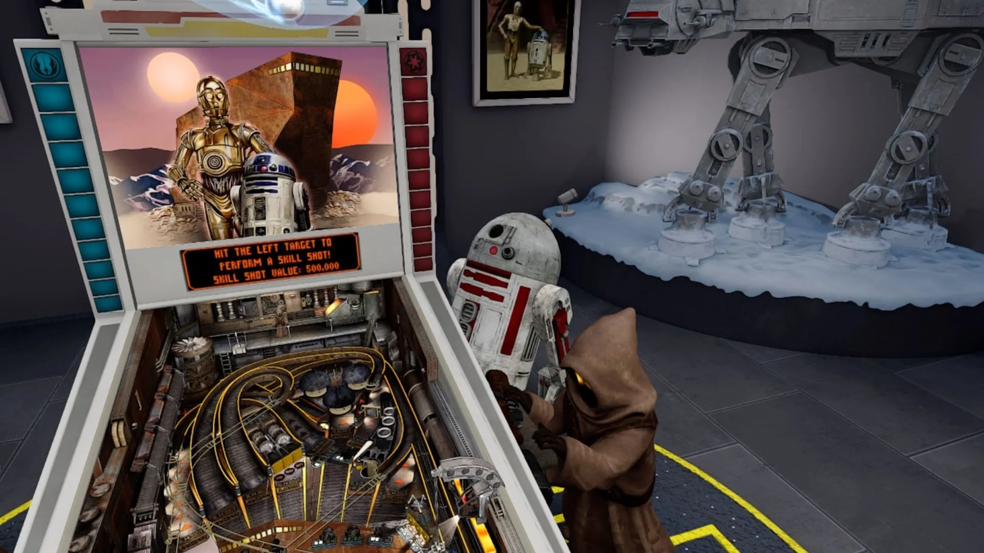 Droid và Jawa đứng cạnh bàn pinball sống động trong game Star Wars Pinball VR