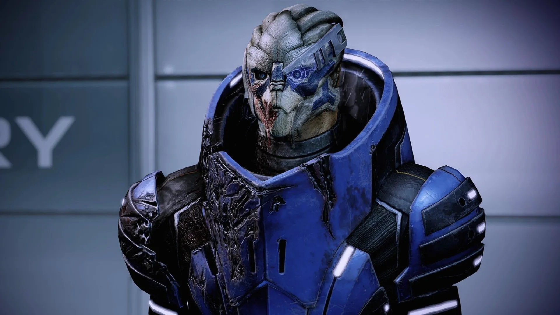 Garrus Vakarian, đồng đội quen thuộc của Commander Shepard, đứng với vài vết thương sau khi được chiêu mộ trong Mass Effect Legendary Edition, biểu tượng cho mối quan hệ lâu dài trong series.