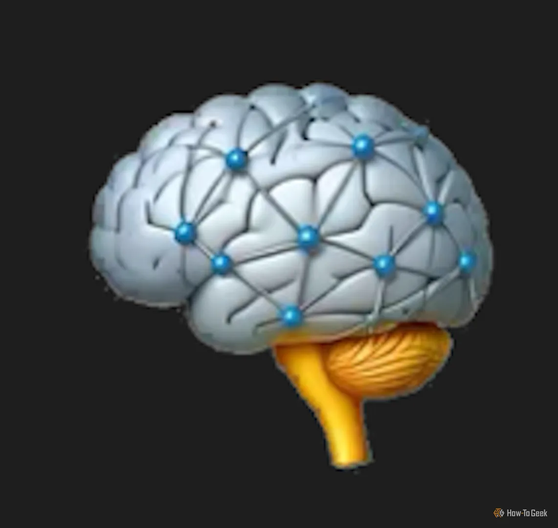 Genmoji bộ não cybernetic pha trộn với não hữu cơ, biểu tượng của AI.