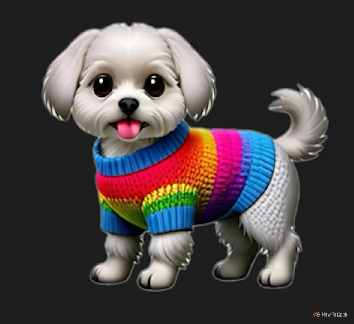 Genmoji chó Maltese mặc áo len cầu vồng, sẵn sàng đi dạo.
