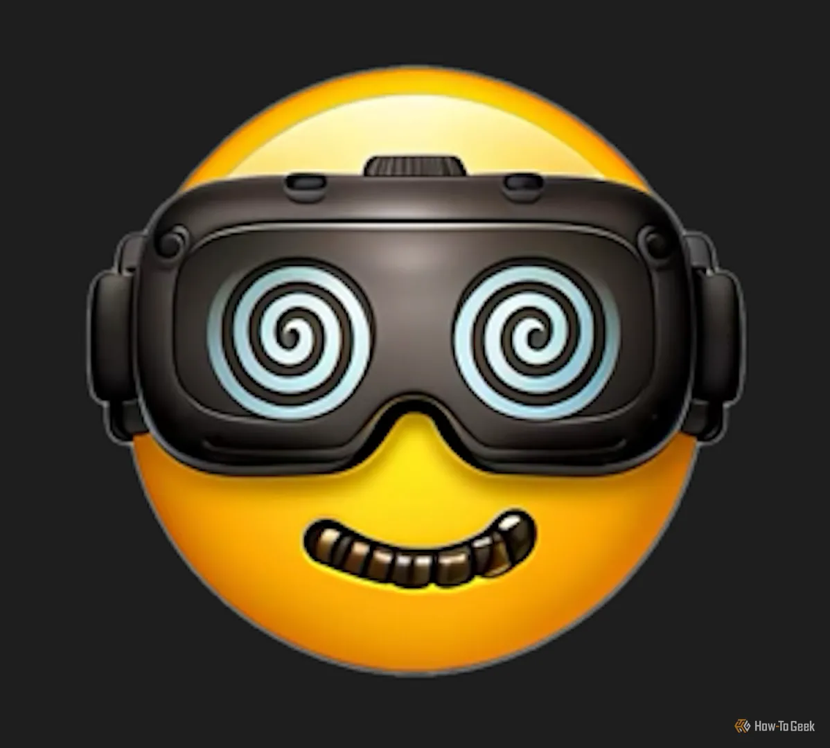 Genmoji gương mặt biểu cảm với tai nghe VR, đôi mắt xoáy và hàm răng kỳ dị.