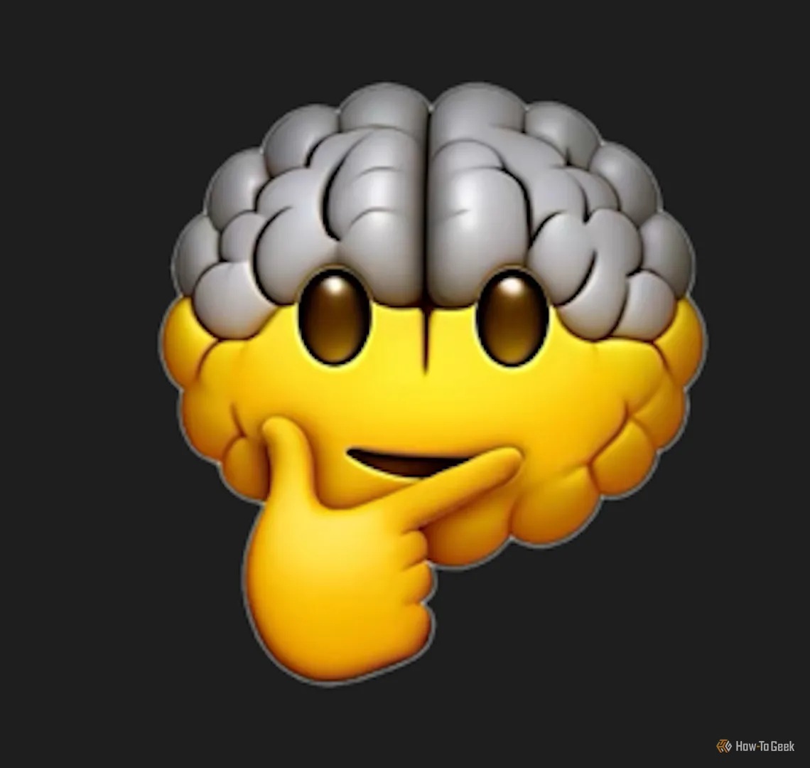 Genmoji hình bộ não đang suy nghĩ với khuôn mặt biểu cảm, một phần não lộ ra.