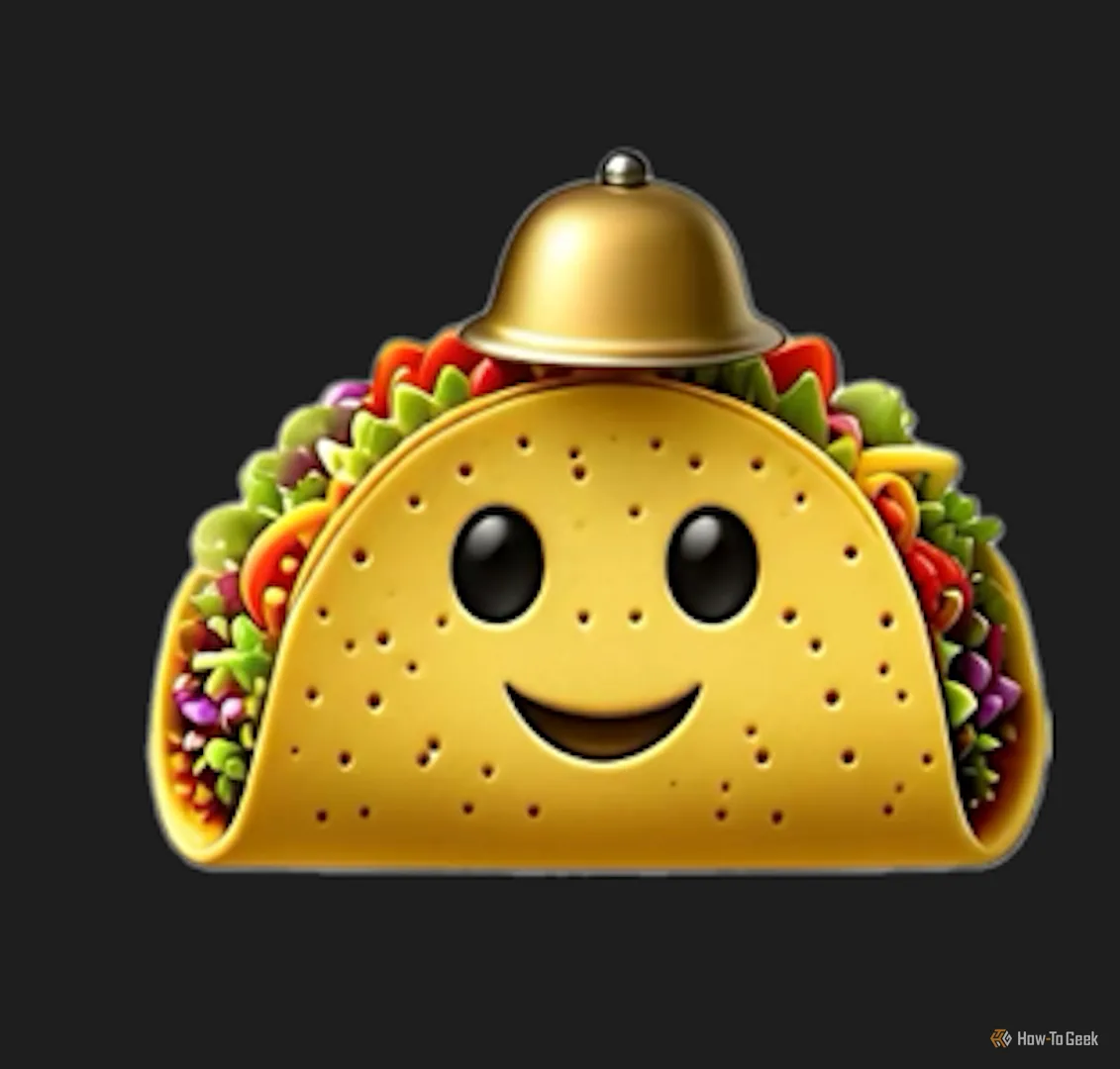 Genmoji hình chiếc bánh taco đội mũ chuông với khuôn mặt cười đáng yêu.