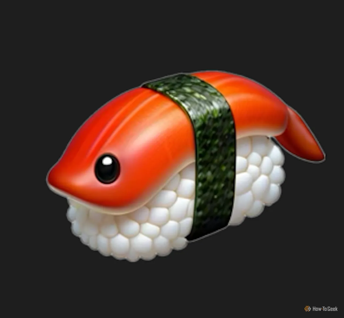 Genmoji miếng sushi sống có mắt nhìn chằm chằm, gây cảm giác bất an.