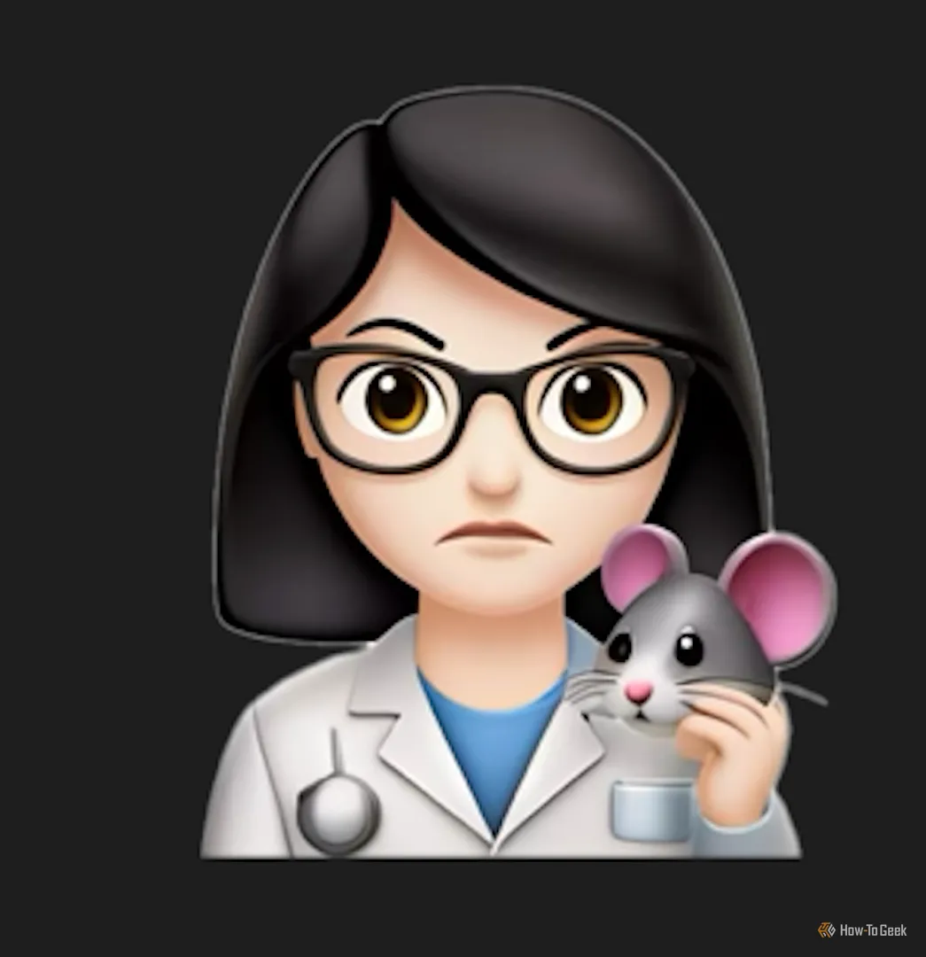 Genmoji người phụ nữ mặc áo khoác phòng thí nghiệm đang giận dữ, tay biến thành đầu chuột.
