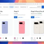 Giá bán các mẫu điện thoại Google Pixel 9a và dòng Pixel 9 trên trình duyệt Safari.
