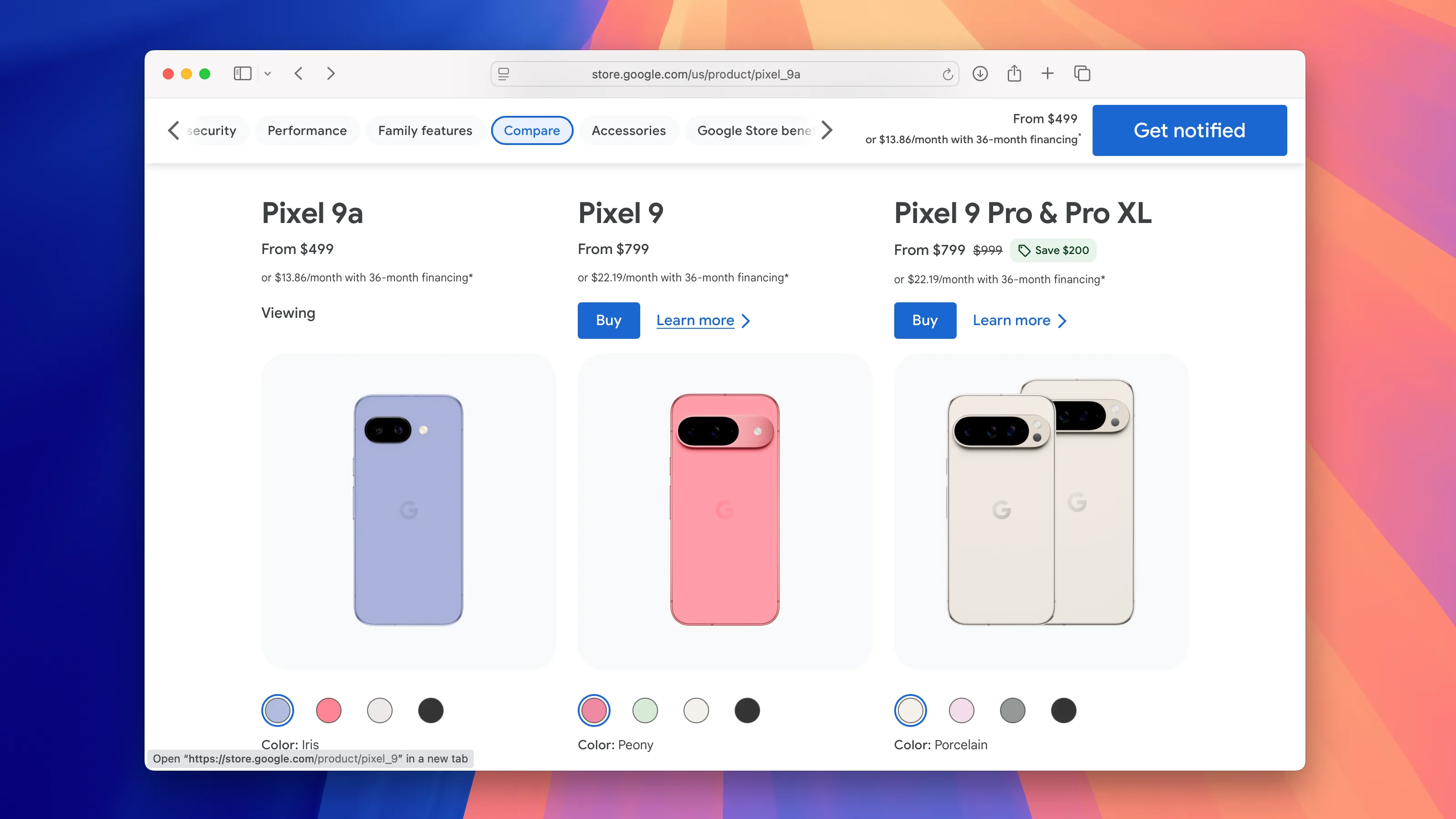 Giá bán các mẫu điện thoại Google Pixel 9a và dòng Pixel 9 trên trình duyệt Safari.