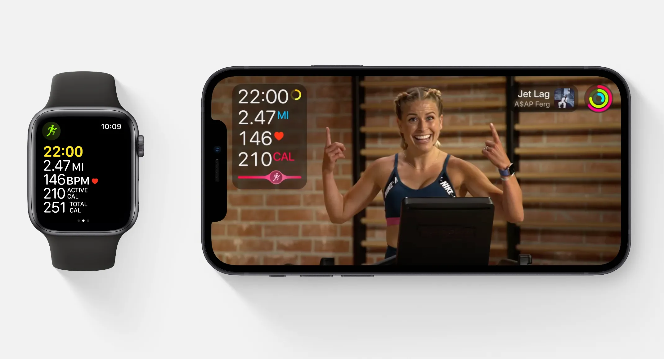 Giao diện Apple Fitness+ hoạt động trên Apple Watch và iPhone, thể hiện sự kết nối giữa hai thiết bị