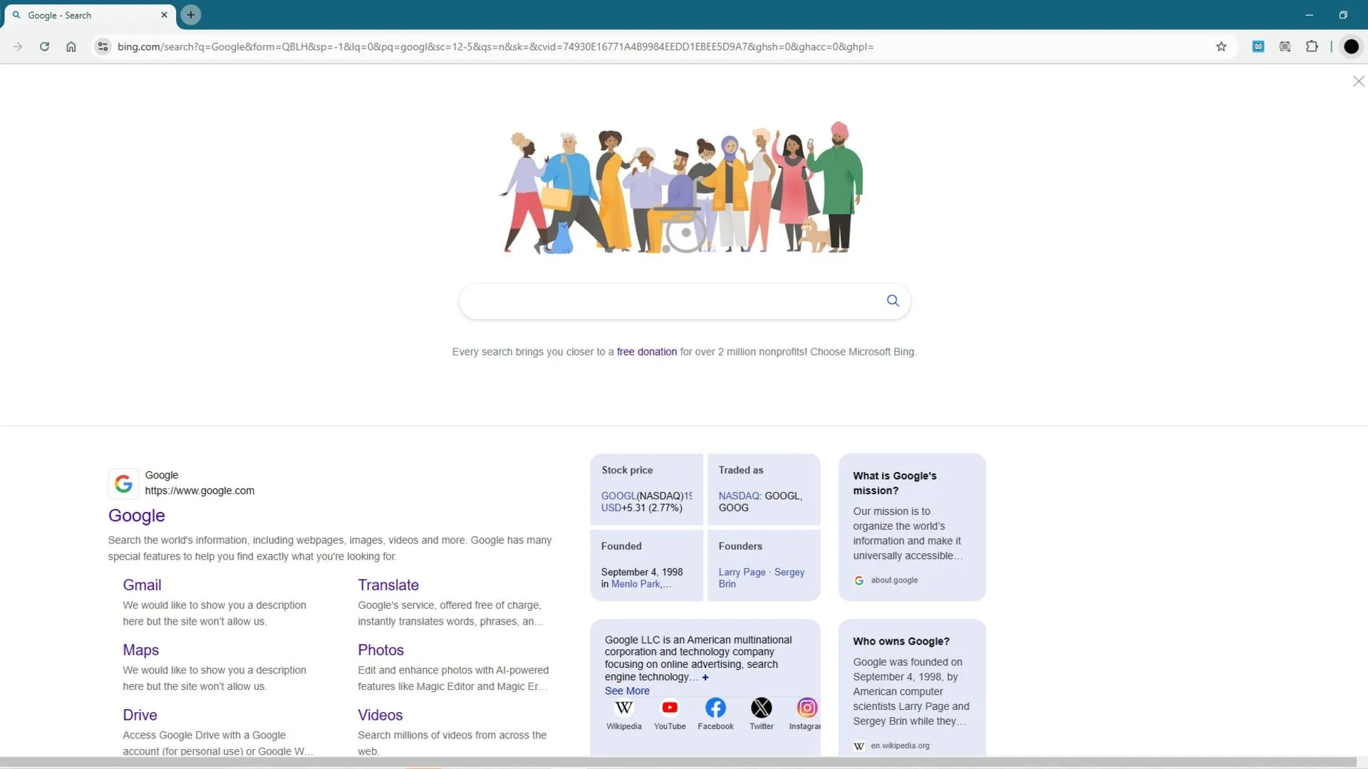 Giao diện Bing giả mạo Google khi người dùng tìm kiếm 'Google'