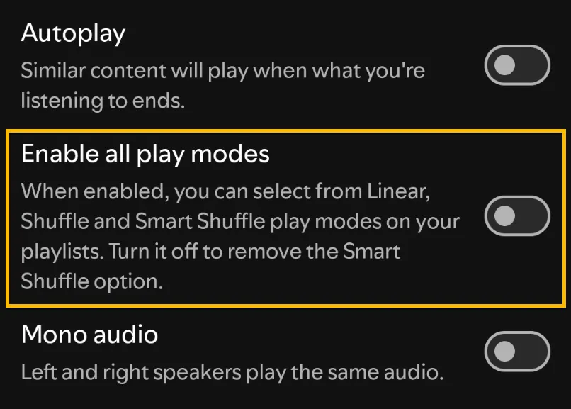 Giao diện cài đặt Spotify để vô hiệu hóa chế độ Smart Shuffle và các tùy chọn phát nhạc khác.