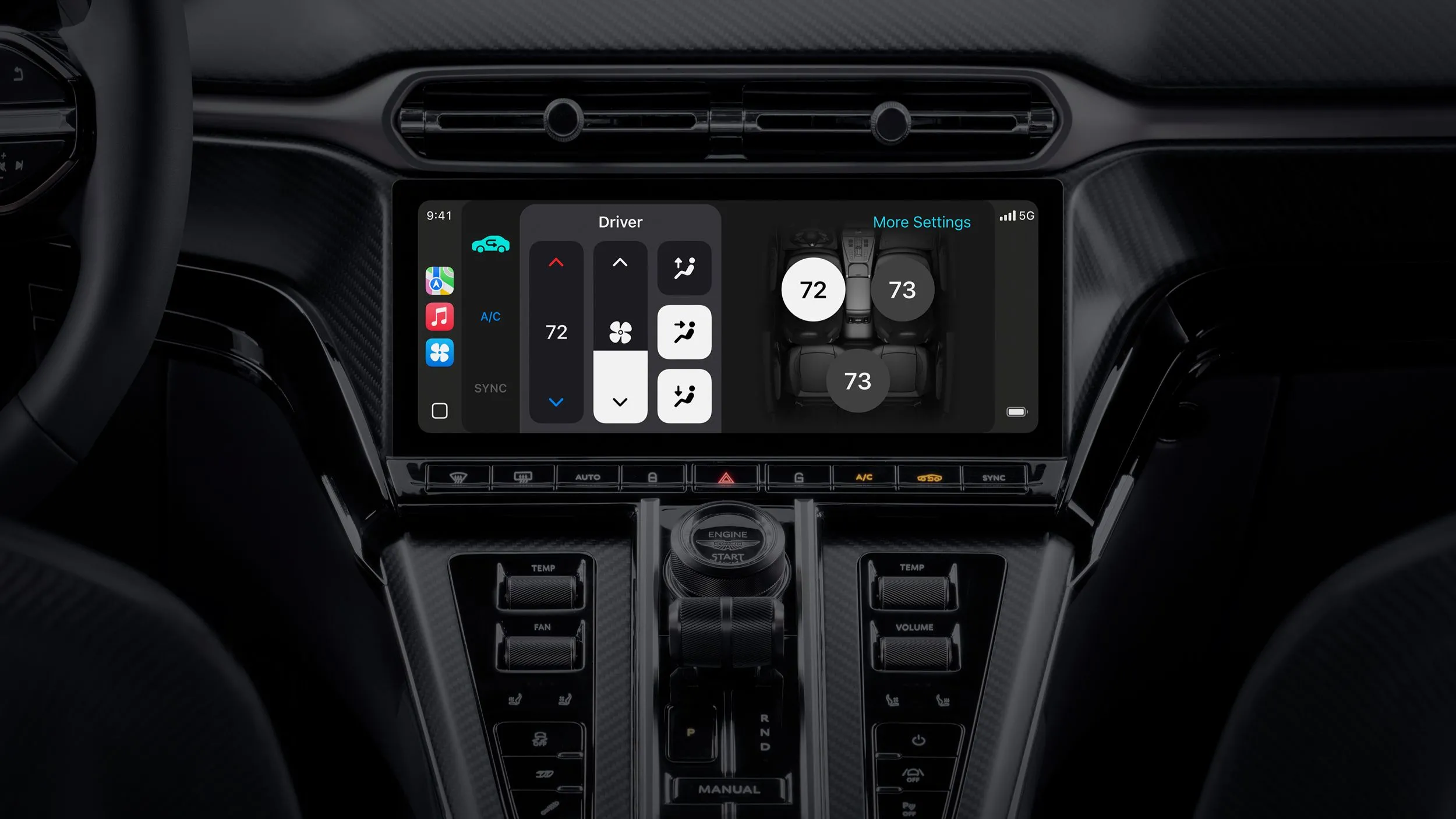 Giao diện CarPlay Ultra hiển thị thông tin và tùy chỉnh hệ thống điều hòa không khí của xe trực tiếp trên màn hình giải trí trung tâm.