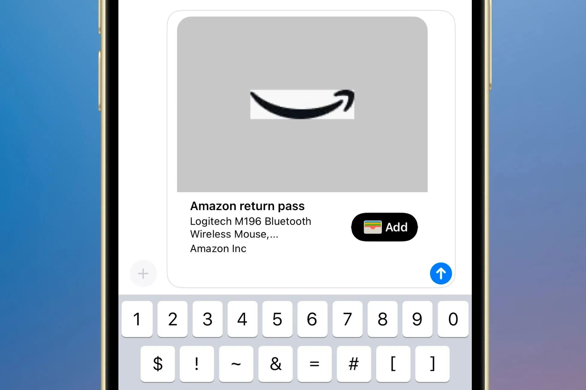Giao diện chia sẻ thẻ trả hàng Amazon từ ứng dụng Ví Apple sang ứng dụng Tin nhắn, cho phép gửi mã QR và thông tin đến người khác.