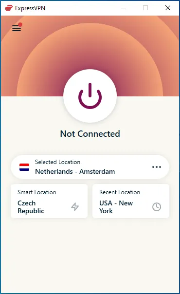 Giao diện chính của ứng dụng ExpressVPN trên máy tính để bàn, hiển thị nút kết nối lớn và trạng thái đã ngắt kết nối