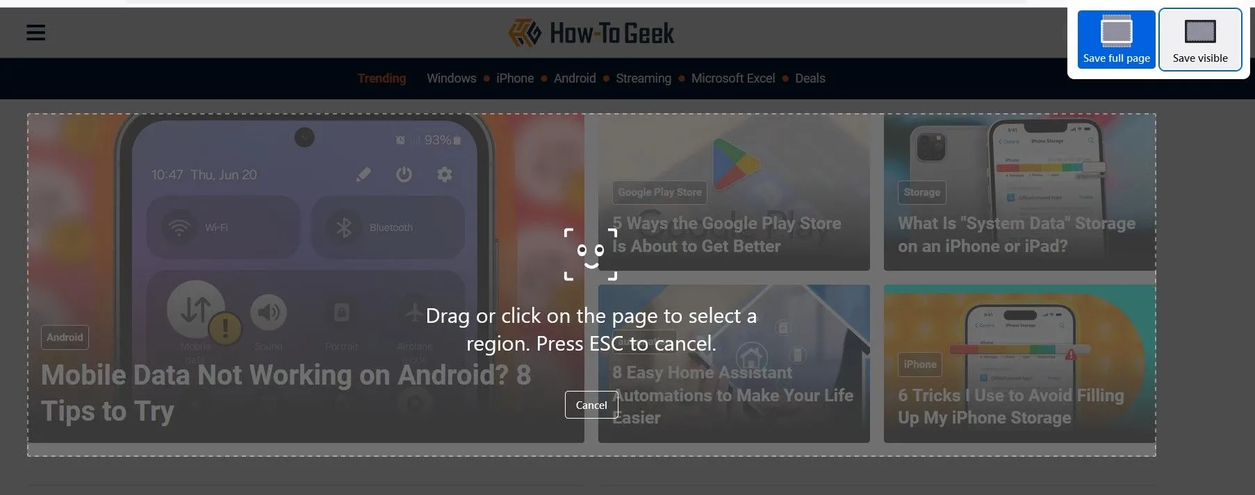 Giao diện công cụ chụp ảnh màn hình của Firefox với các tùy chọn chụp