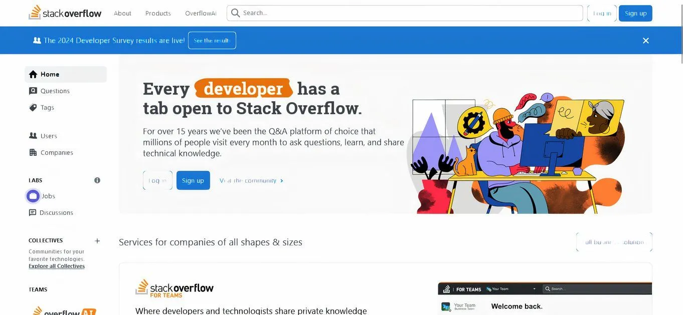 Giao diện diễn đàn Stack Overflow, nền tảng hỏi đáp phổ biến nơi lập trình viên tìm kiếm giải pháp và ví dụ code cho các vấn đề kỹ thuật.