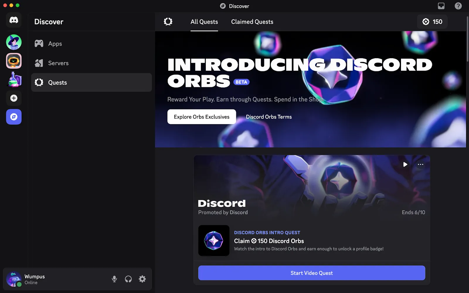Giao diện Discord hiển thị thông báo về Discord Orbs và các Quests để kiếm phần thưởng, bao gồm Nitro