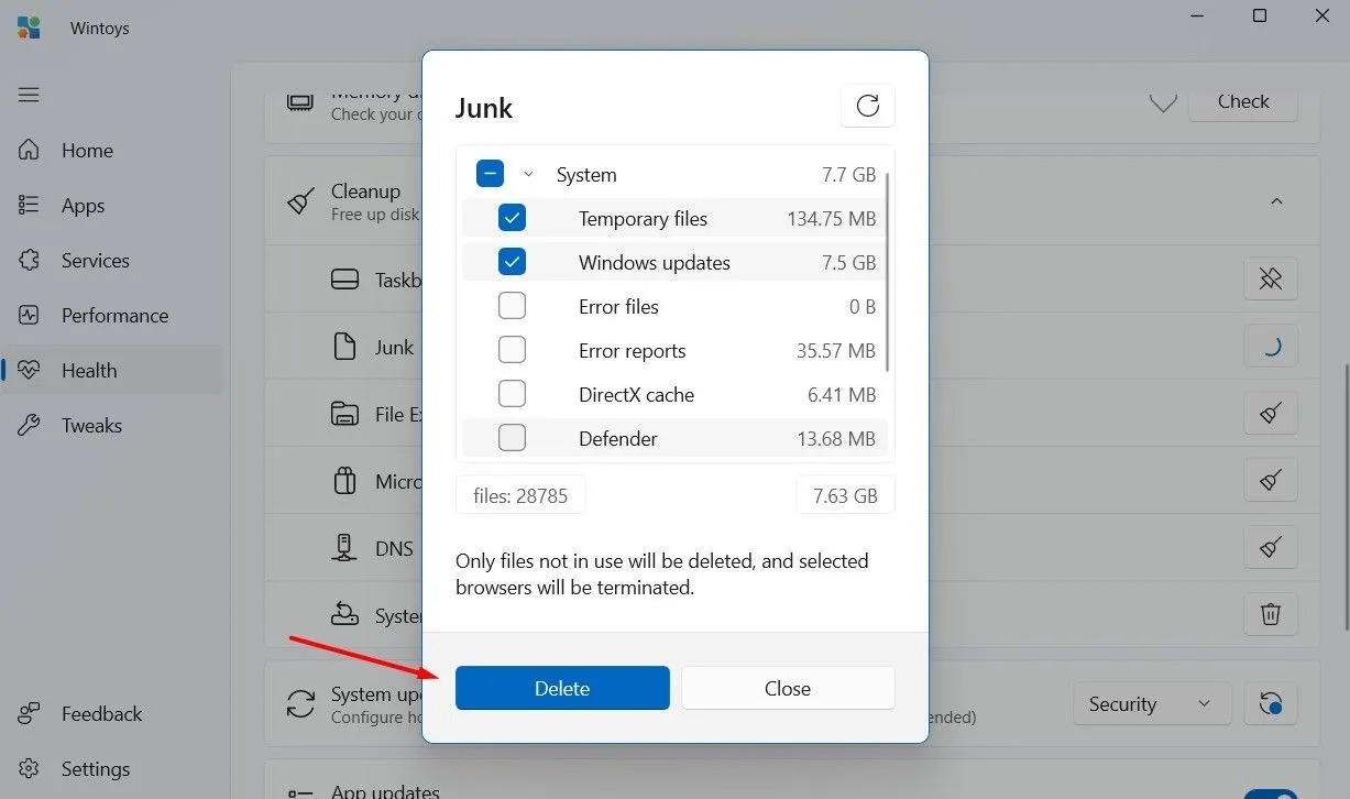 Giao diện dọn dẹp file rác và dữ liệu không cần thiết trong Wintoys, giúp giải phóng dung lượng lưu trữ.